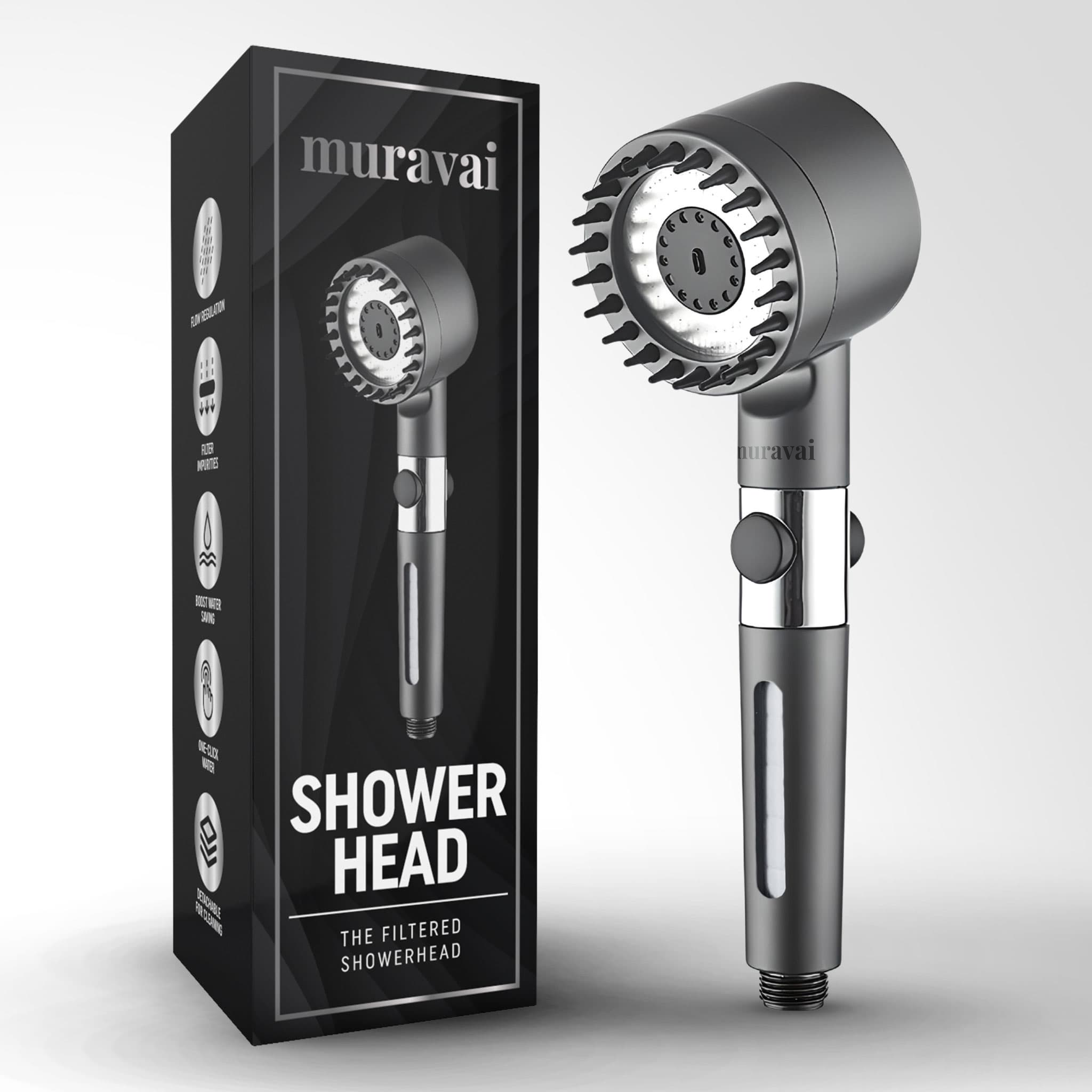 Aurenza Shop The Filtered Showerhead showing a sleek chrome design with adjustable spray settings on a bathroom wall.