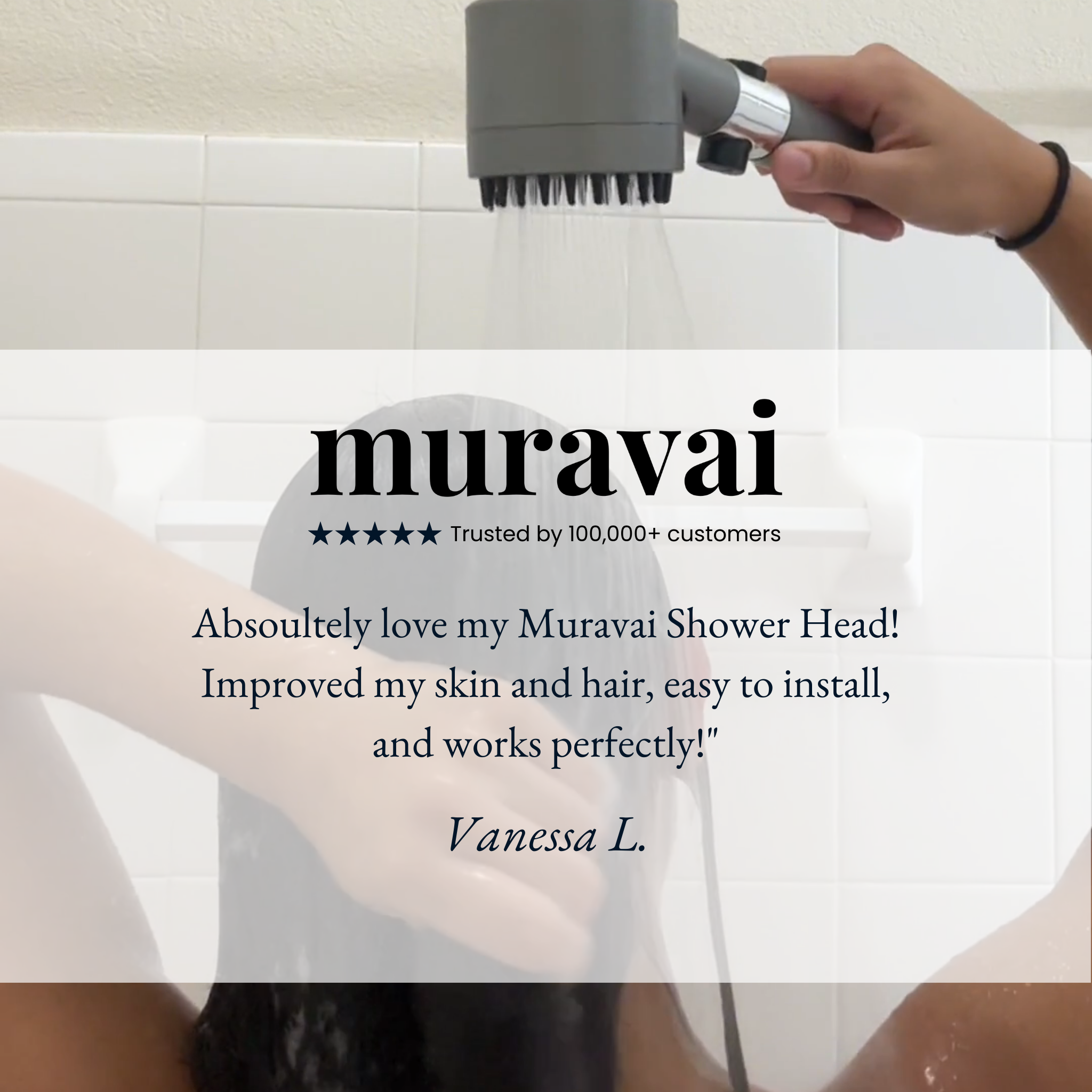 A close-up of THE FILTERED SHOWERHEAD™ by Aurenza Shop, showing the sleek chrome finish and multiple water spray settings.