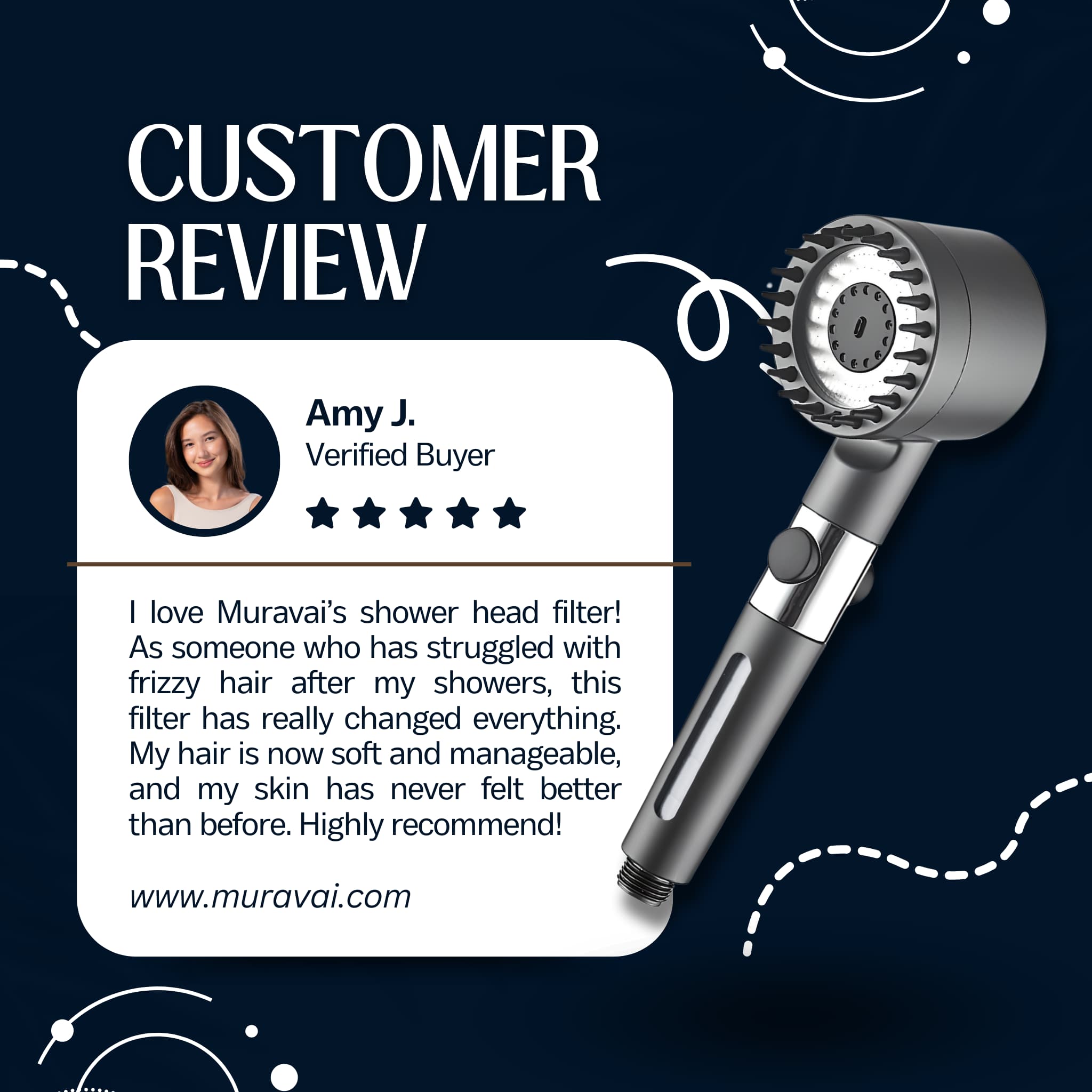 A close-up of THE FILTERED SHOWERHEAD™ by Aurenza Shop, showcasing its sleek design and water spray pattern.