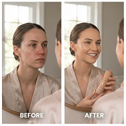Aurenza Shop AURA™ Pro-Adapt Perfecting Veil applies a smooth, flawless finish to the skin in a before-and-after comparison.