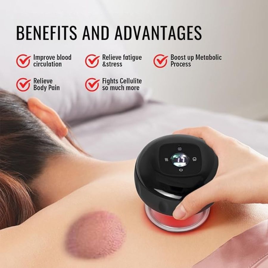 Aurenza 4-in-1 smart cupping therapy massager with red light therapy, showing the device with multiple attachments and control panel.
