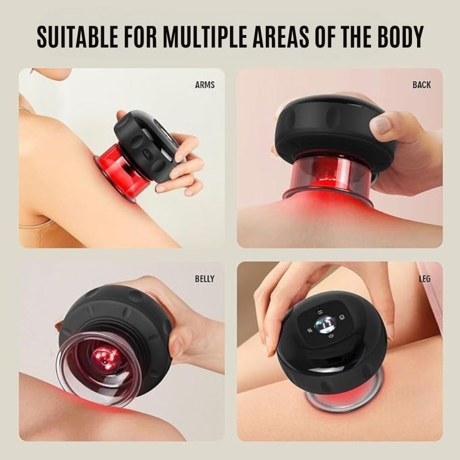Aurenza 4-in-1 smart cupping therapy massager with red light therapy device showing multiple attachment heads and control panel.