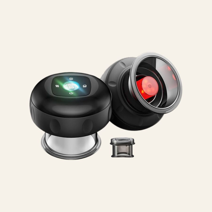 Aurenza 4-in-1 smart cupping therapy massager with red light therapy device showing multiple attachment heads and control buttons.