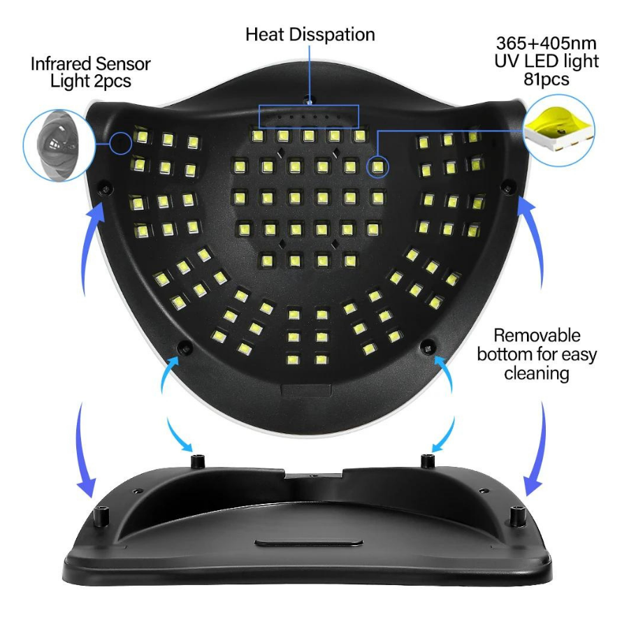 Aurenza Shop 380W UV LED nail lamp with a sleek design, showing its multiple LED lights for professional gel nail curing.