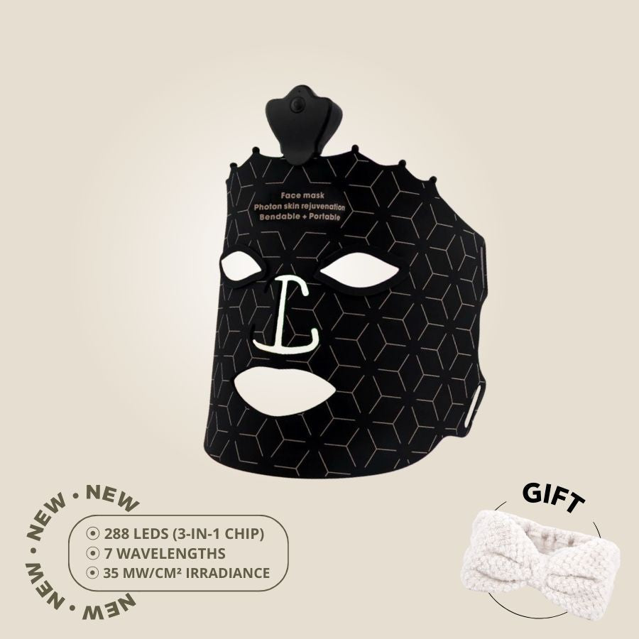 Aurenza Shop Face Mask Light Therapy Gen.2 showing a sleek, adjustable facial mask with LED light panels for skin treatment.