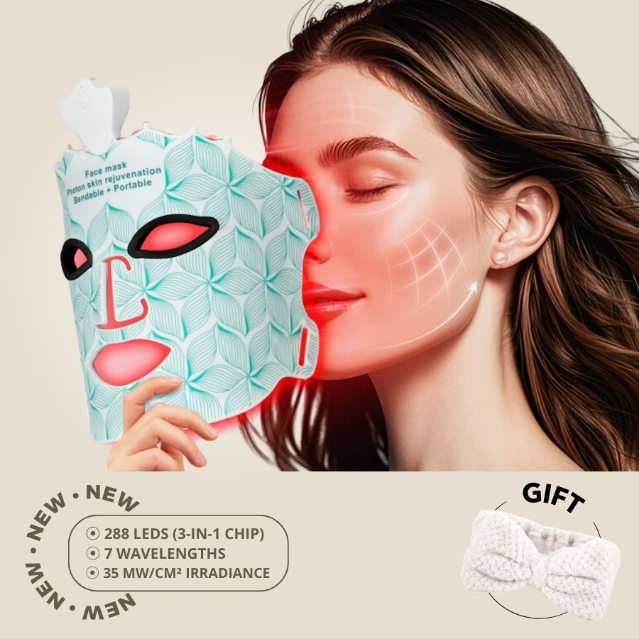 Aurenza Shop The Face Mask Light Therapy Gen.2 showing a sleek, black facial mask with LED light panels for skin treatment.