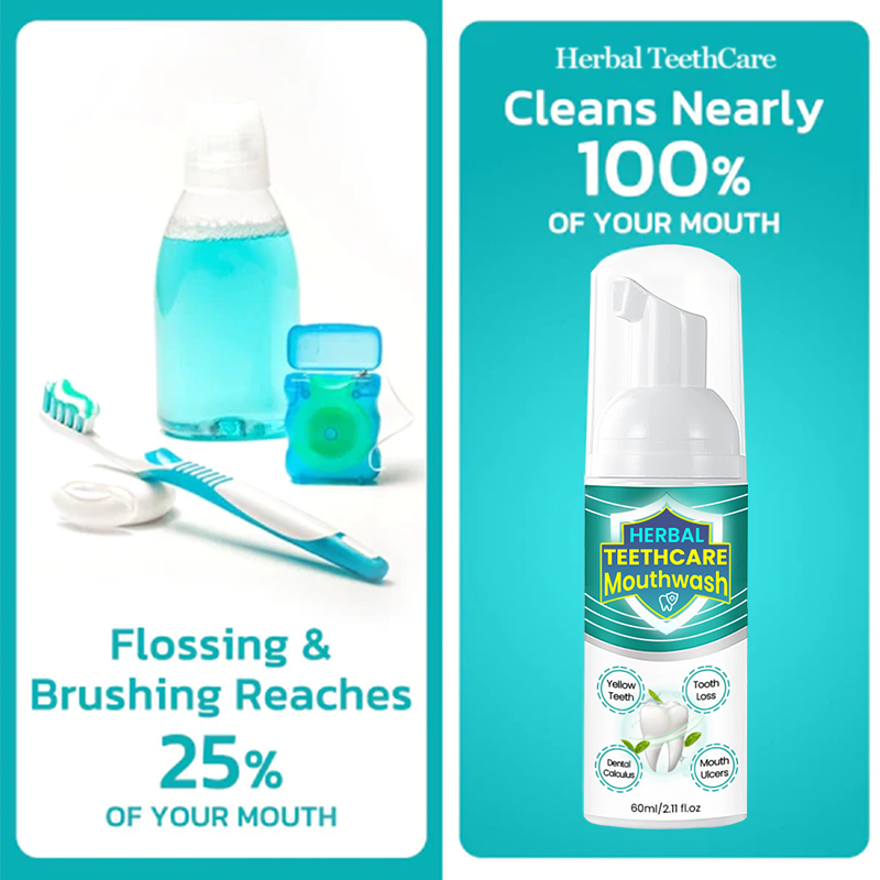 Aurenza Shop Herbal TeethCare Mouthwash bottle with label, showcasing the herbal ingredients and mouthwash liquid inside.
