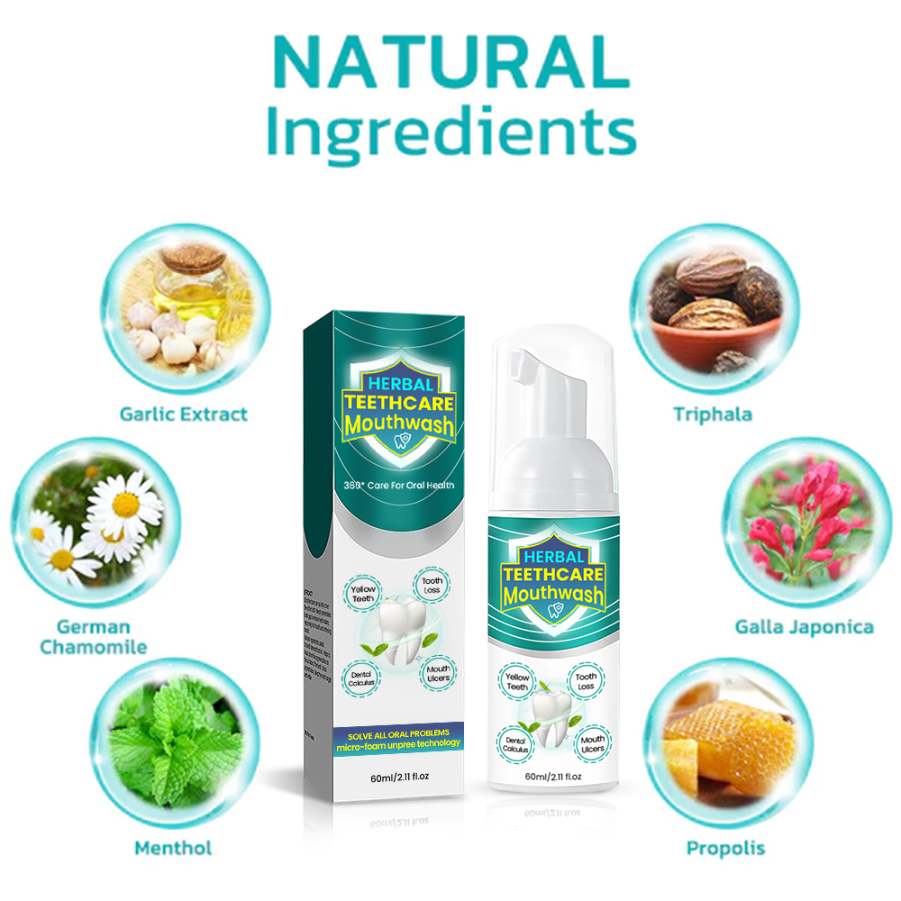 Aurenza Herbal TeethCare Mouthwash bottle with herbal ingredients, designed to promote oral health and freshen breath.