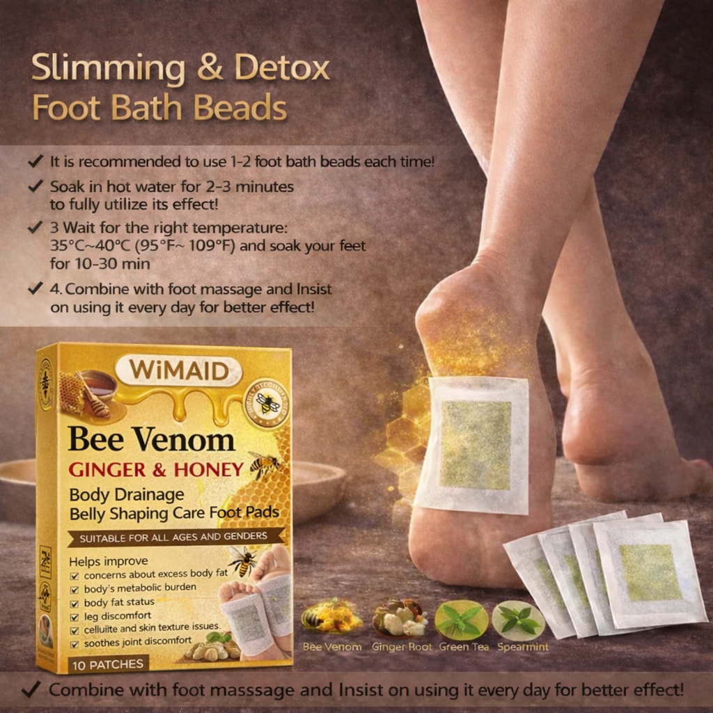 Set of two Aurenza Bee Venom Ginger Herbal Foot Patches on feet, showing natural herbal ingredients and skin contact.