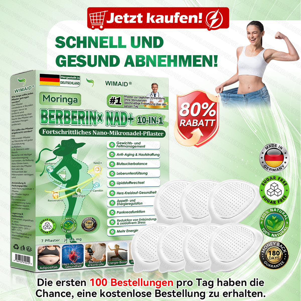 WIMAID® Moringa supplement bottle from Aurenza Shop showing green Moringa powder capsules and natural herbal product packaging