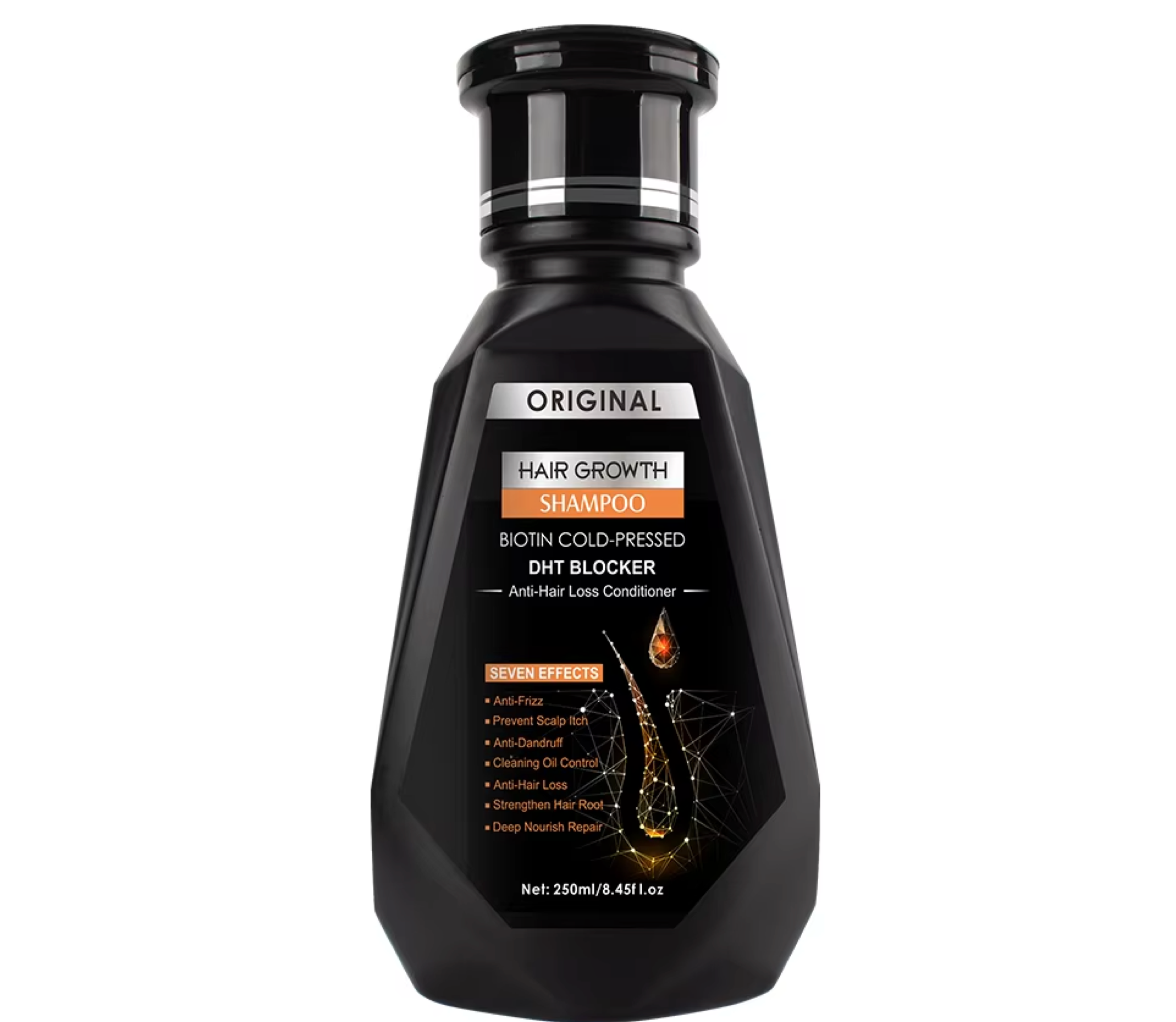 Aurenza Original Hair Growth Shampoo with biotin, cold-pressed DHT blocker, 250ml bottle, showing the shampoo bottle and label.
