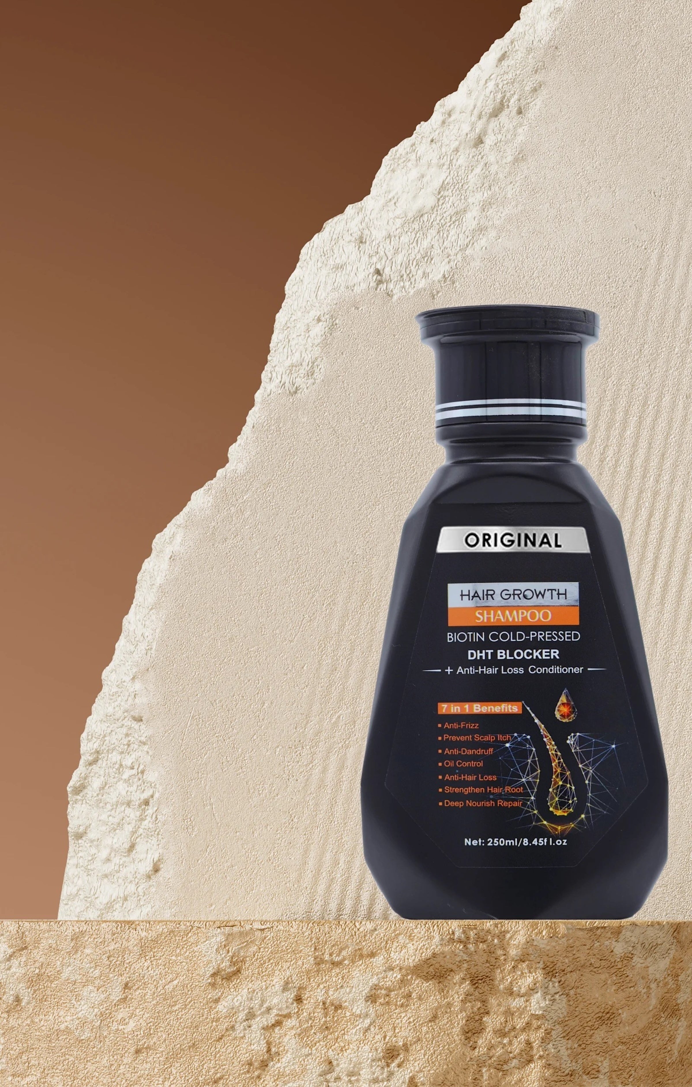 Original Aurenza Hair Growth Shampoo with biotin and DHT blocker, 250ml bottle, anti hair loss treatment for healthy scalp.