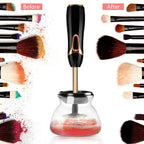 Aurenza Shop Makeup Brush Cleaner™ cleaning a makeup brush with a clear liquid solution, demonstrating its effectiveness and ease of use.