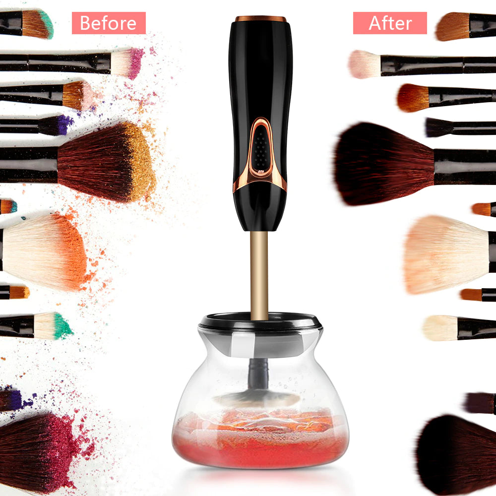 Aurenza Shop Makeup Brush Cleaner™ cleaning a makeup brush with a clear liquid solution, demonstrating its effectiveness and ease of use.
