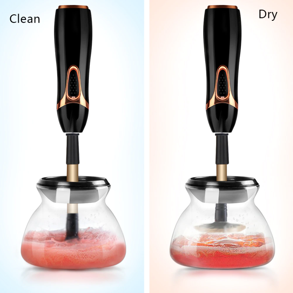 Aurenza Shop Makeup Brush Cleaner™ bottle with cleaning brush and instructions on a white background.