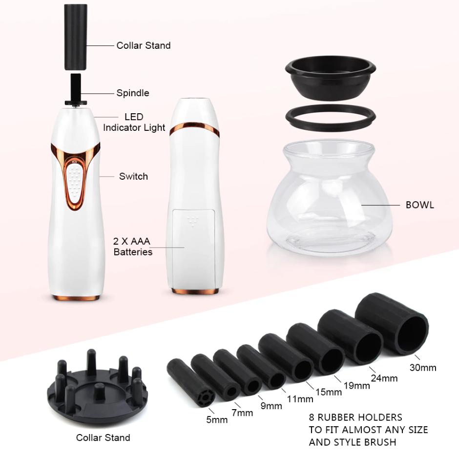 Aurenza Shop Makeup Brush Cleaner™ bottle with brush cleaning solution and tools on a white surface.