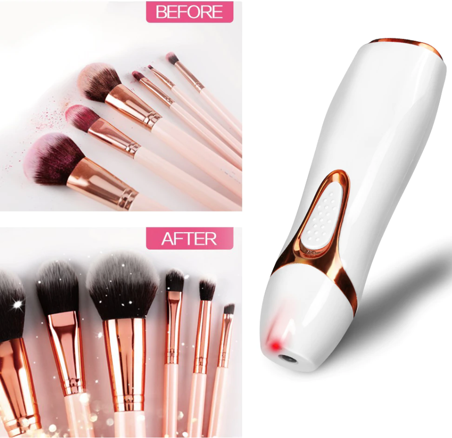 Aurenza Shop Makeup Brush Cleaner™ bottle with cleaning brush and liquid solution for makeup brush maintenance.