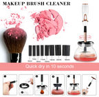 Aurenza Shop Makeup Brush Cleaner™ bottle with cleaning solution and brush on a white surface, ready for cleaning makeup brushes.