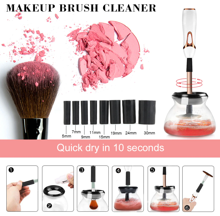 Aurenza Shop Makeup Brush Cleaner™ bottle with cleaning solution and brush on a white surface, ready for cleaning makeup brushes.