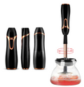 Aurenza Shop Makeup Brush Cleaner™ bottle with brush cleaning solution and a makeup brush submerged in cleaning liquid.