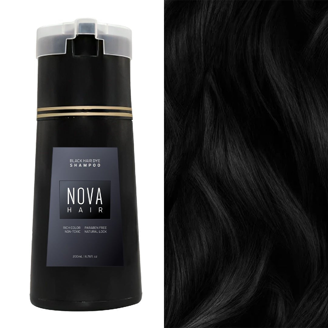 Aurenza NovaHair Instant Dye Shampoo bottle with vibrant label, showing the hair color and product details on the packaging.