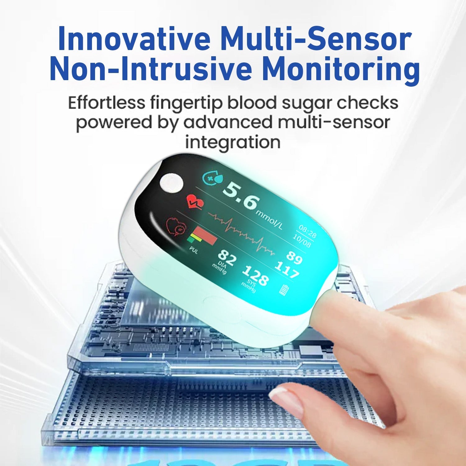 Aurenza Shop SUPTRUCK laser blood glucose monitoring device showing a sleek, wireless, non-invasive design with digital display.