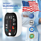 Aurenza SUPTRUCK™ laser blood glucose monitor displaying a digital screen with real-time, wireless Bluetooth connectivity.
