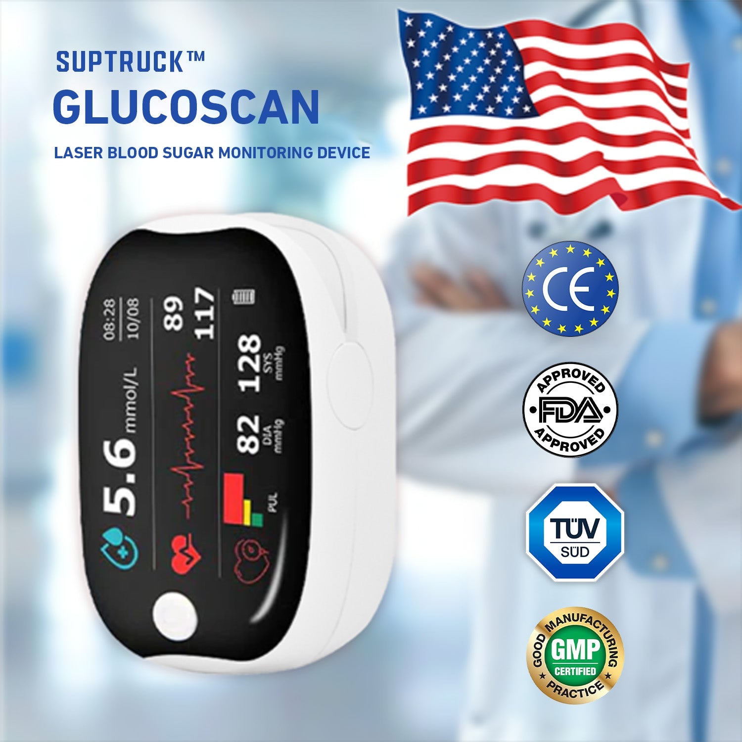 Aurenza SUPTRUCK™ laser blood glucose monitor displaying a digital screen with real-time, wireless Bluetooth connectivity.