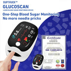 Aurenza Shop SUPTRUCK™ laser blood glucose monitoring device showing non-invasive sensor and wireless Bluetooth connection.