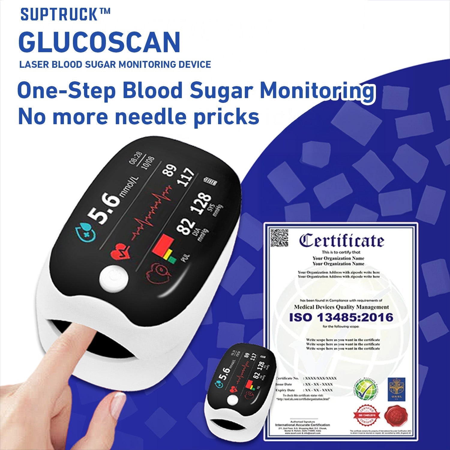 Aurenza Shop SUPTRUCK™ laser blood glucose monitoring device showing non-invasive sensor and wireless Bluetooth connection.