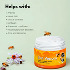 A jar of Aurenza Shop Bee Venom Cream with a lid, showing the cream's texture and packaging on a neutral background.