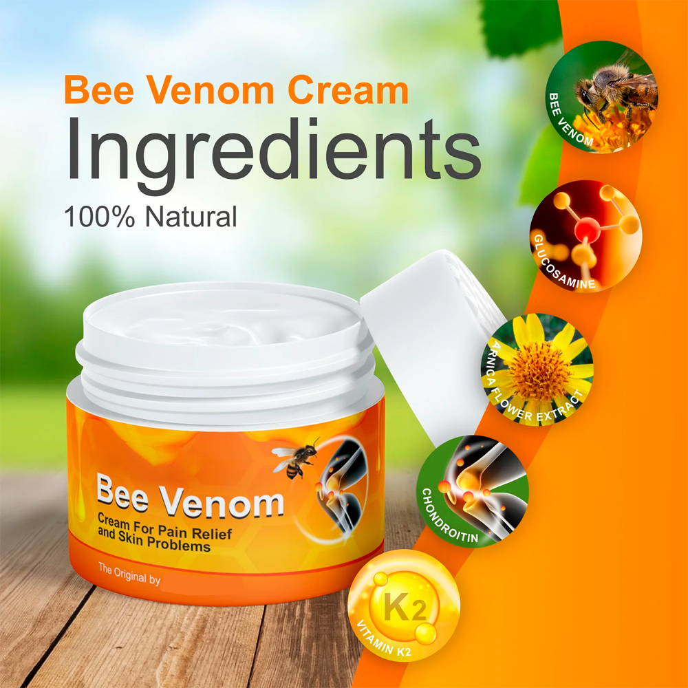 A jar of Aurenza Shop Bee Venom Cream with open lid, showing creamy texture and bee venom ingredient for skincare.