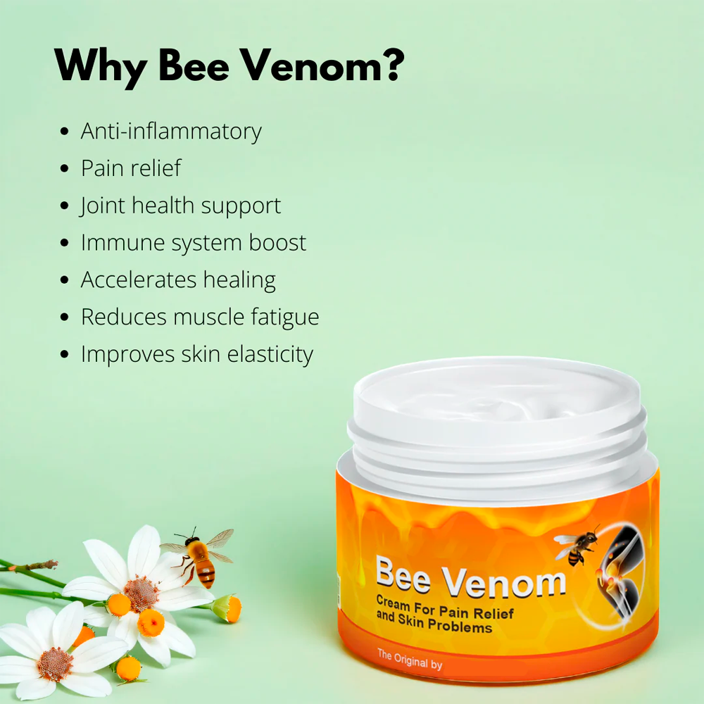 A jar of Aurenza Shop Bee Venom Cream with a white lid and label, showcasing the skincare product on a plain background.