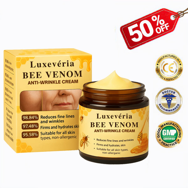 Luxevéria Bee Venom Firming & Anti-Wrinkle Cream by Aurenza Shop, shown in a sleek jar with a gold lid and vibrant packaging.