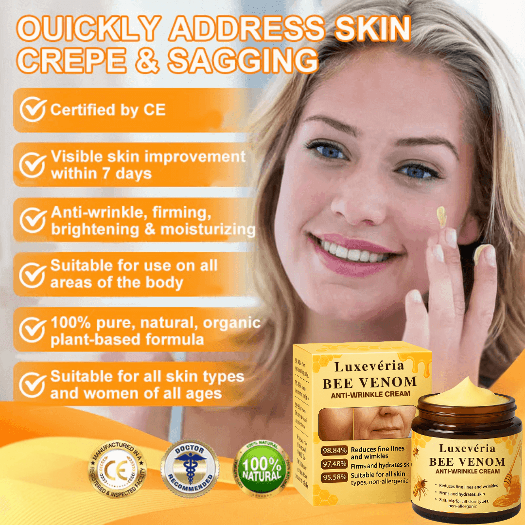 Luxevéria Bee Venom Firming & Anti-Wrinkle Cream by Aurenza Shop, showing the cream jar with bee venom ingredients and packaging.
