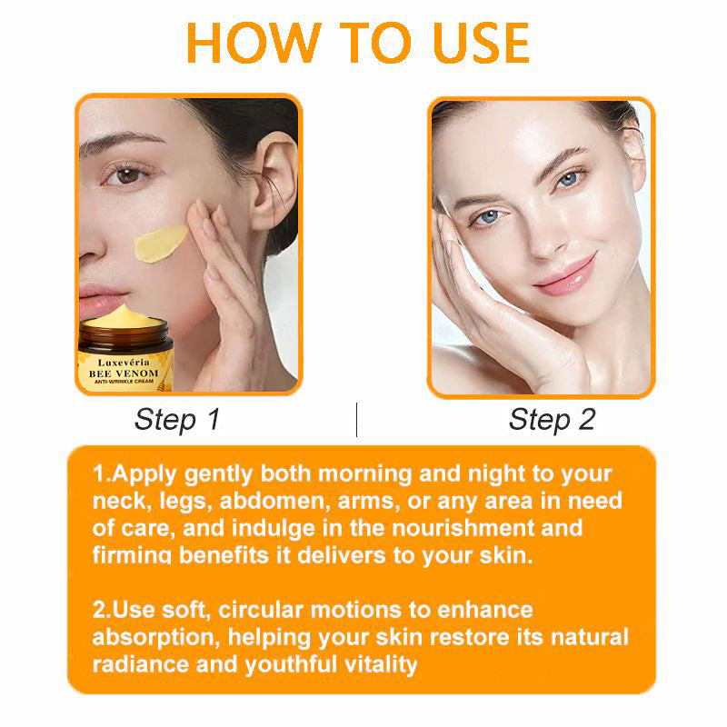 Luxevéria Bee Venom Firming and Anti-Wrinkle Cream by Aurenza Shop, shown in a jar with a gold lid and smooth cream inside