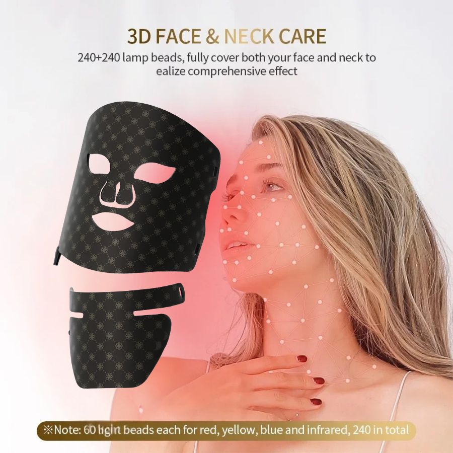 LUXE™ Pro Max LED Therapy Neck Add-On attached to the Aurenza Shop LED mask system, showing a close-up of the device on a user's neck.