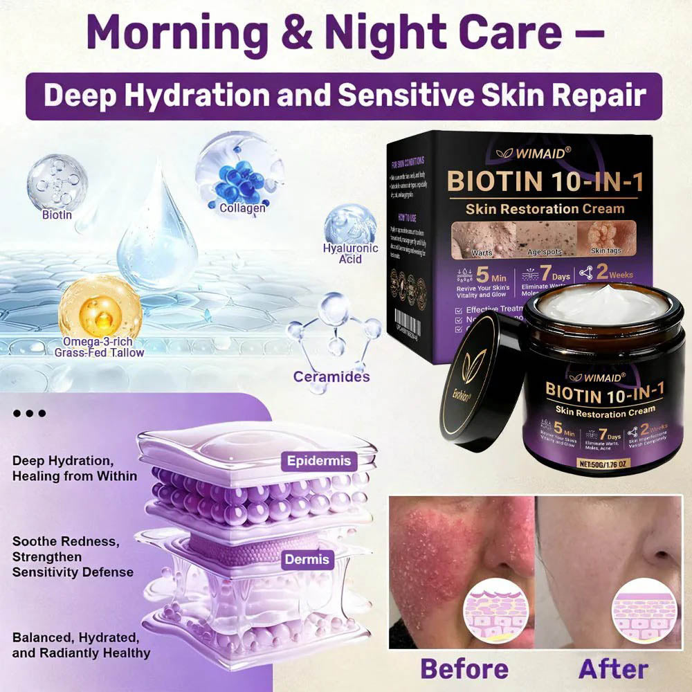 Aurenza Shop WIMAID Biotin 10-in-1 skin restoration CCJ cream in a jar, made and shipped from the USA, with a clean, white background.