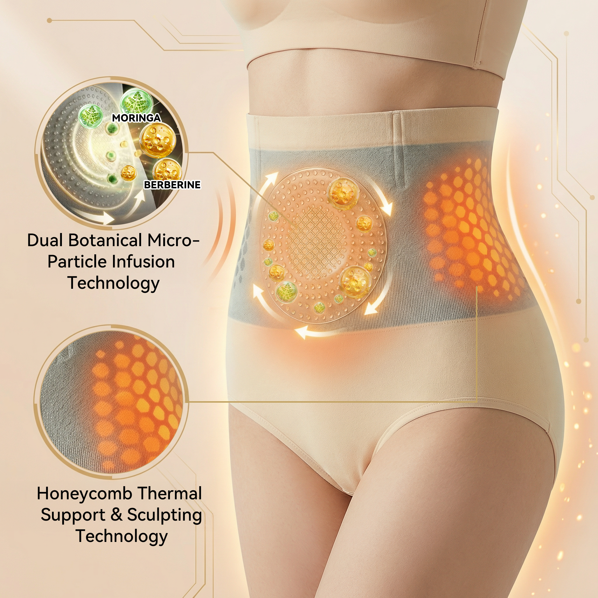 Aurenza Shop WIMAID Moringa and Berries 4-in-1 micro-particle sculpting and fat-burning shorts, shown on a model.