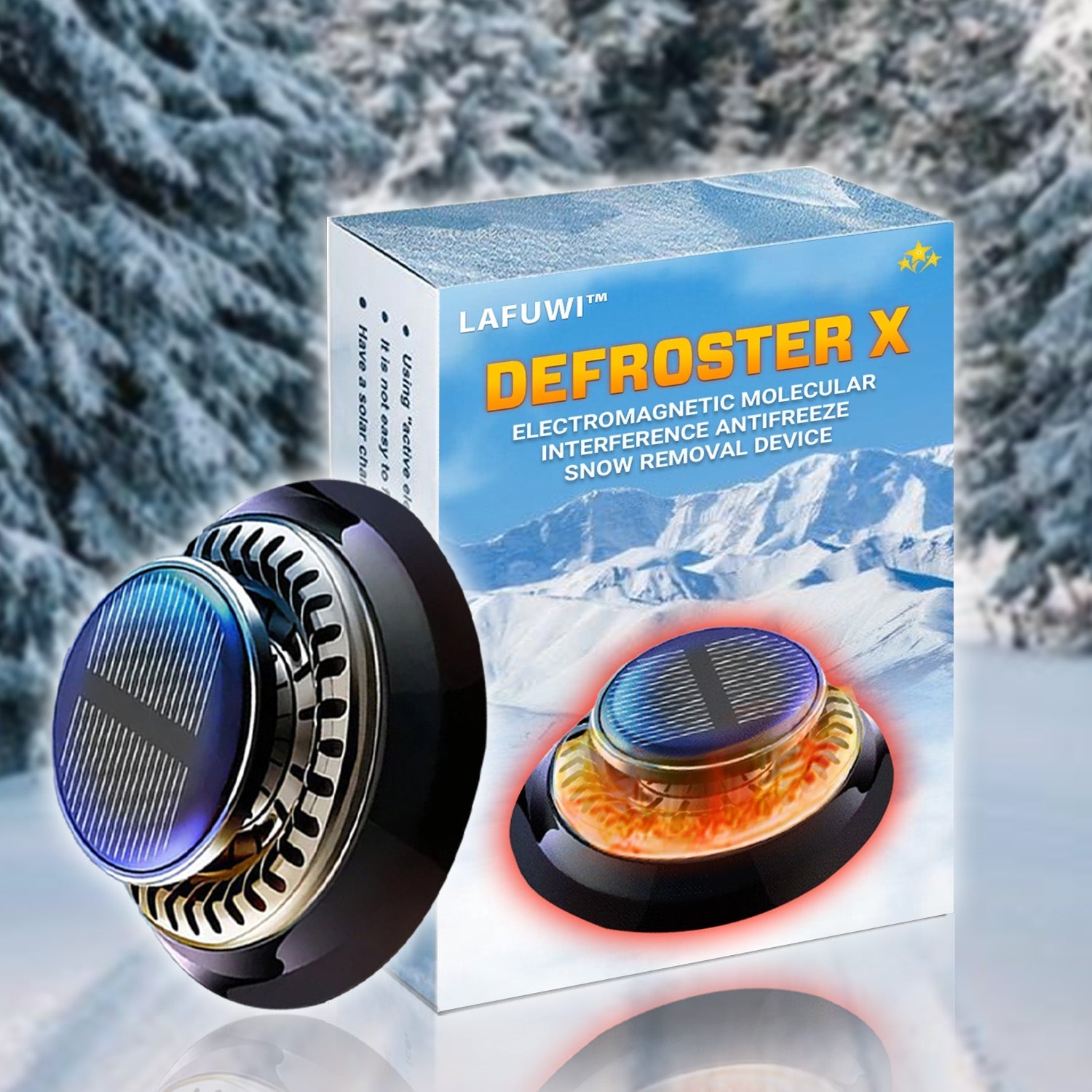 Lafuwi™ DefrosterX electromagnetic car snow removal device on a vehicle's windshield, designed for quick frost and snow clearing.