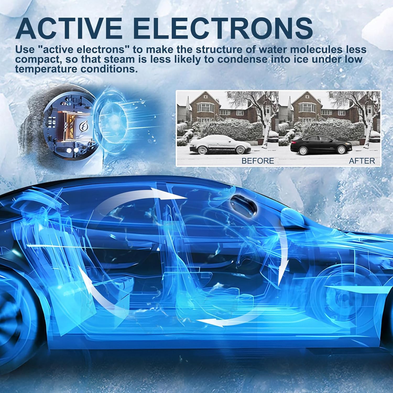 Aurenza Shop Lafuwi™ DefrosterX electromagnetic car snow removal device on a snowy car windshield, ready for winter use.