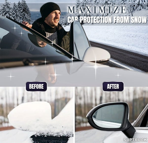 Lafuwi™ DefrosterX electromagnetic car snow removal device on a vehicle's windshield, designed for quick ice and snow clearing.