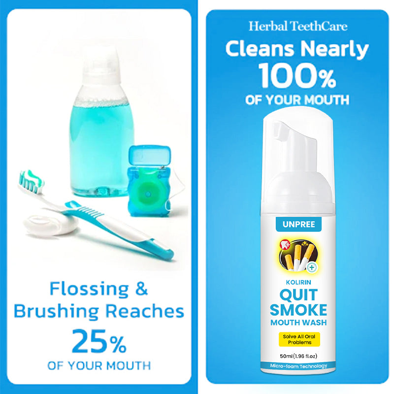 Aurenza Shop UNPREE™ Kolirin QuitSmoke Mouthwash bottle showing the label and mouthwash liquid inside, designed for oral health.