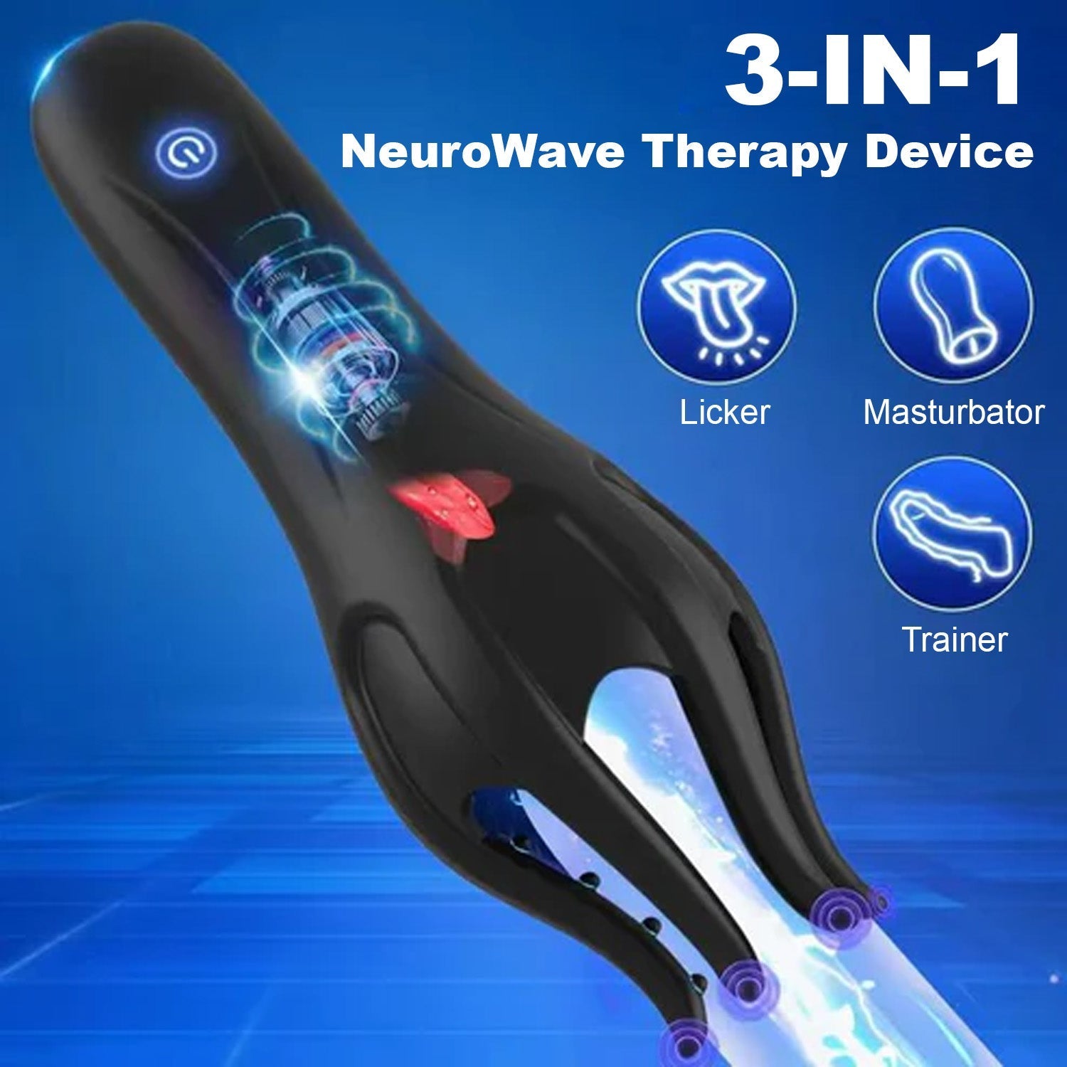 Viraxon NeuroWave Therapy Trainer for men, showing the device with controls and display screen used for enhancing performance.