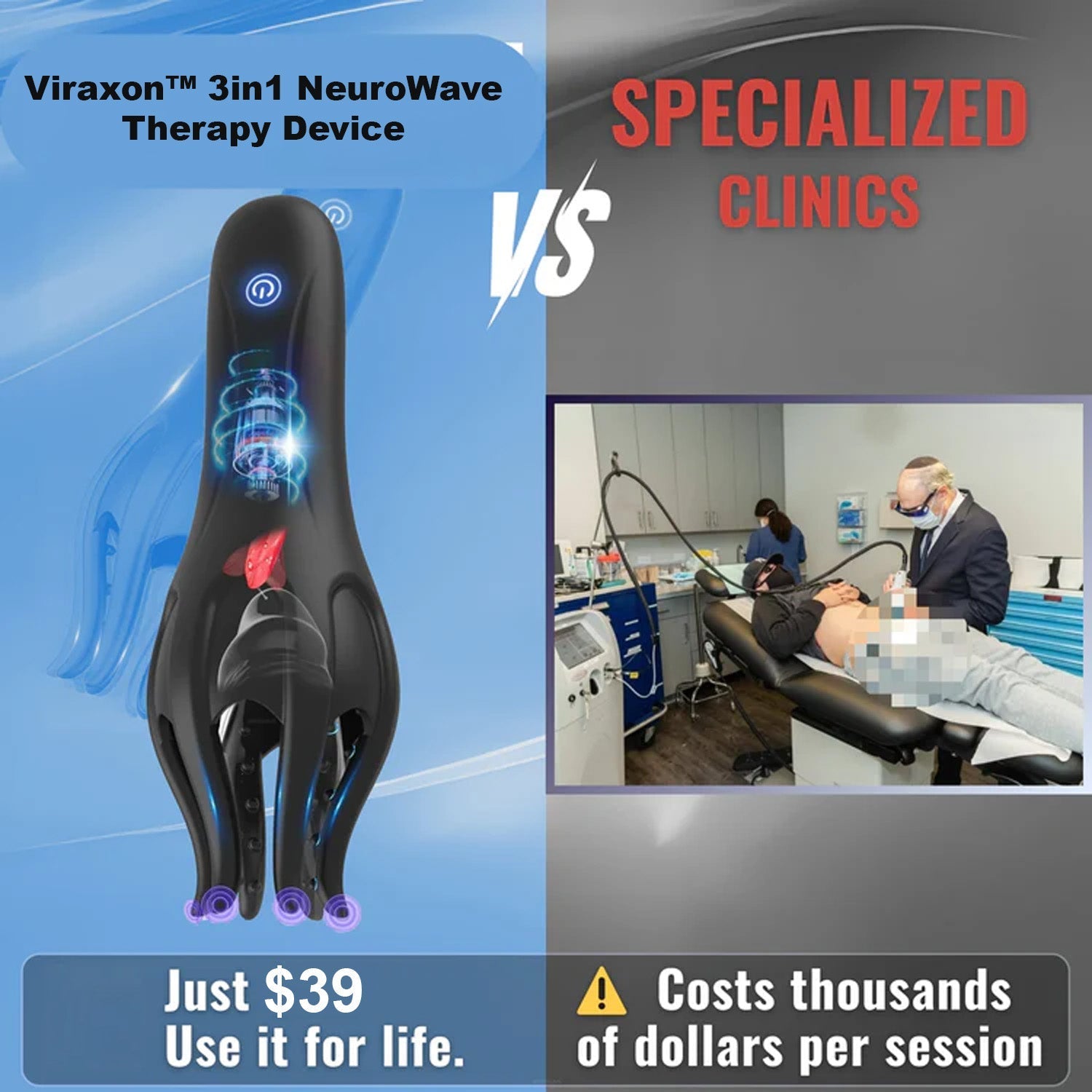 Viraxon™ NeuroWave Therapy Trainer for men, showing the device with ergonomic design and control interface, used for enhancing performance
