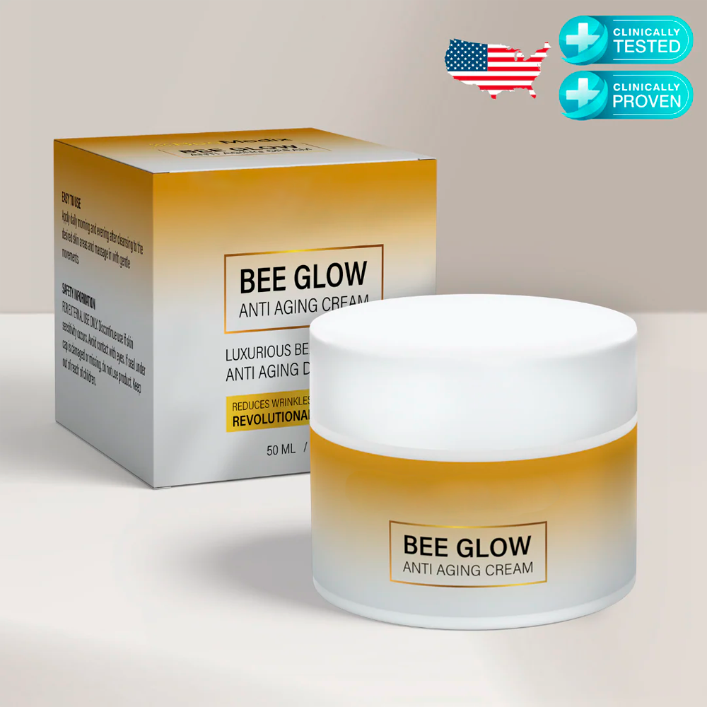 Aurenza Shop Bee Glow Anti-Aging Cream jar with a golden lid and bee logo, showcasing the luxurious skincare product.