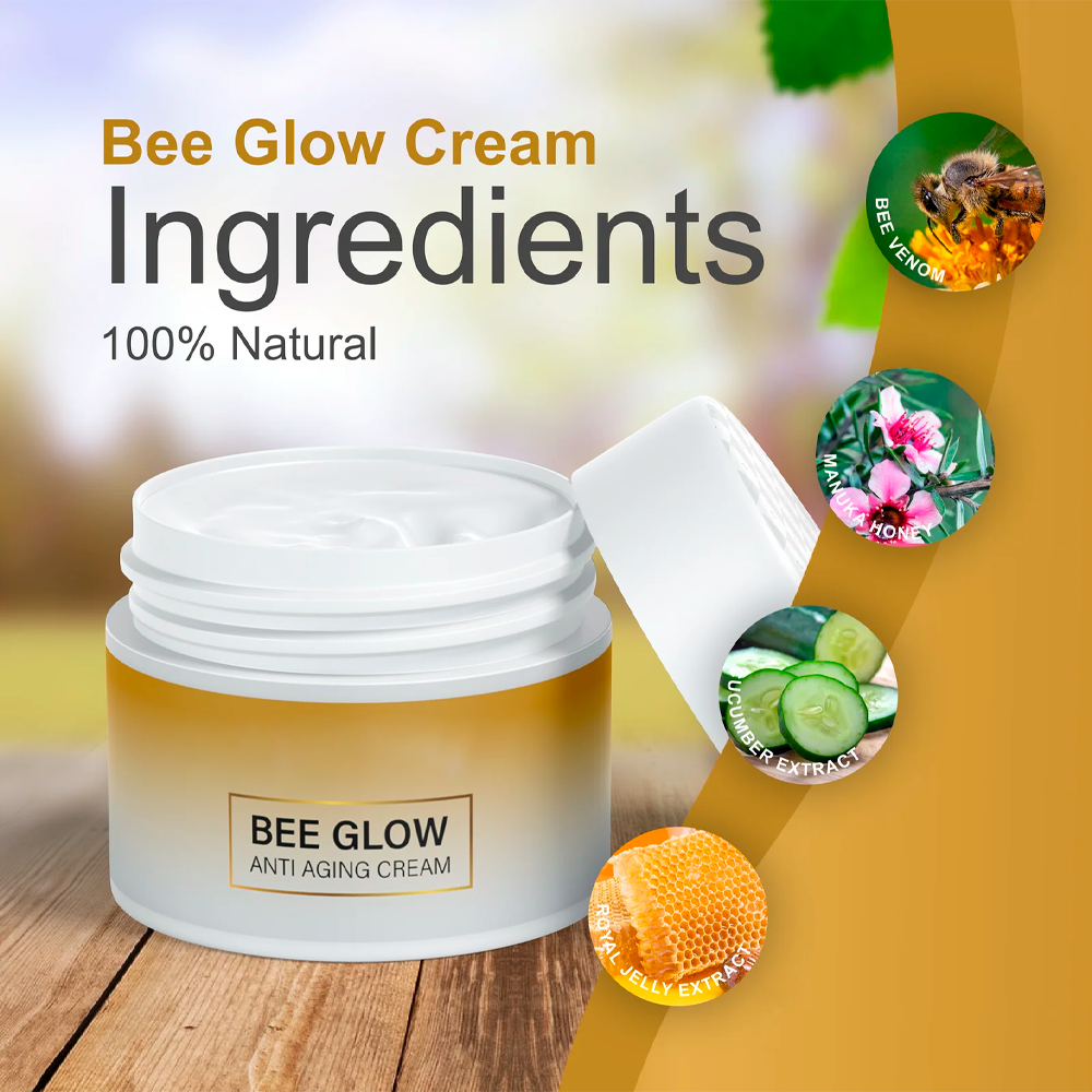 Aurenza Shop Bee Glow Anti-Aging Cream jar with gold lid and bee logo, showcasing the luxurious skincare product.
