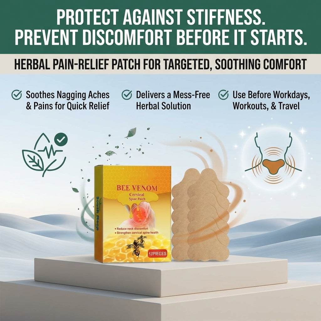 Aurenza Shop bee venom cervical spine relief patches applied to neck and back for pain relief and muscle relaxation.