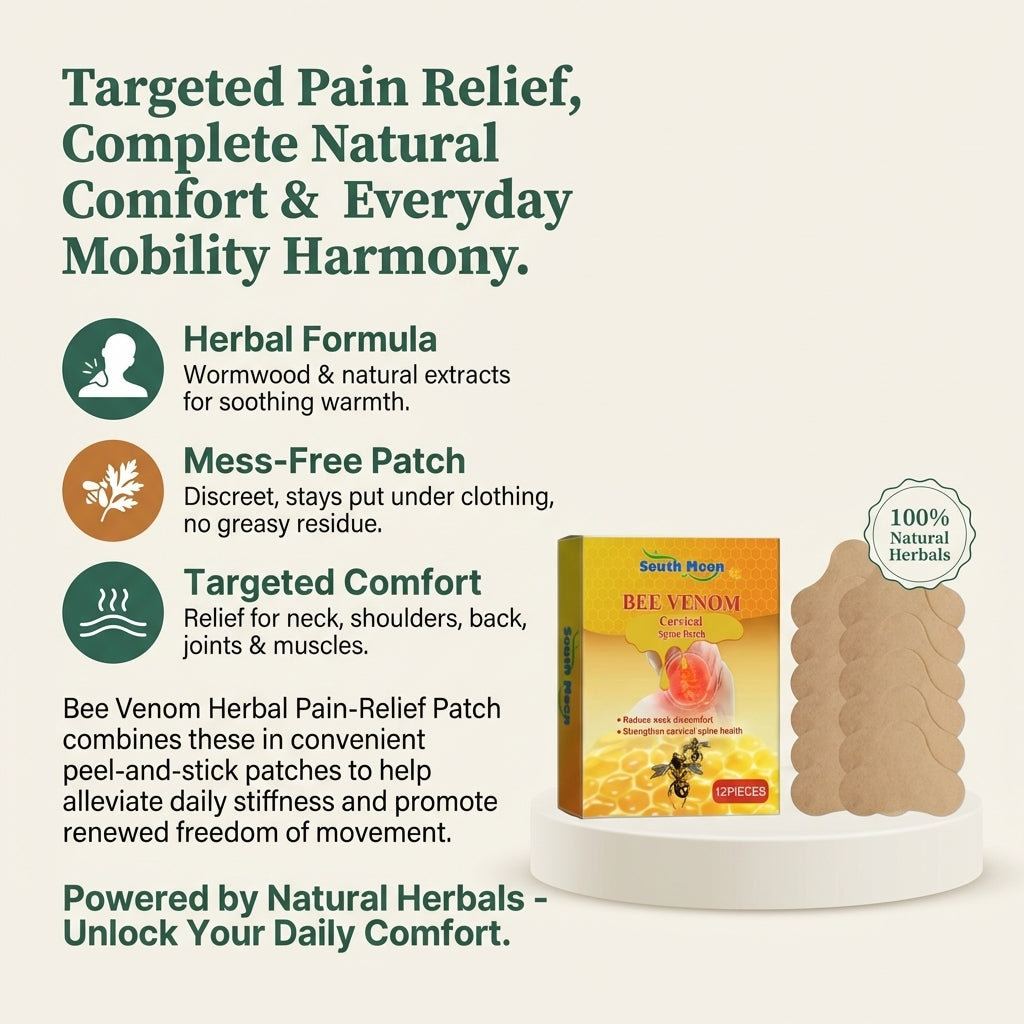 Aurenza Bee Venom cervical spine relief patches applied to neck and back for pain relief and muscle relaxation.