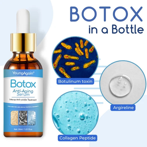 Aurenza Shop Botox Face Serum bottle with dropper, showcasing the sleek packaging and clear liquid inside.